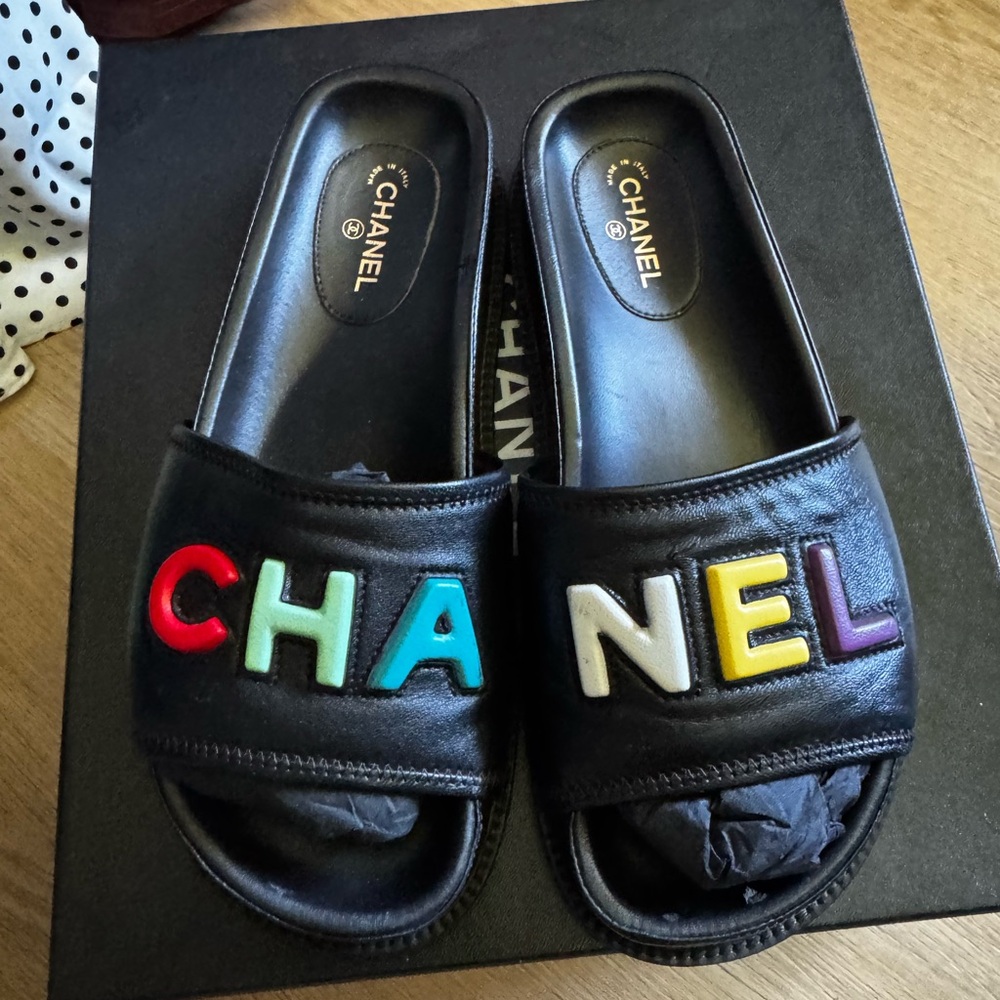CHANEL Black Slides with Colorful Logo